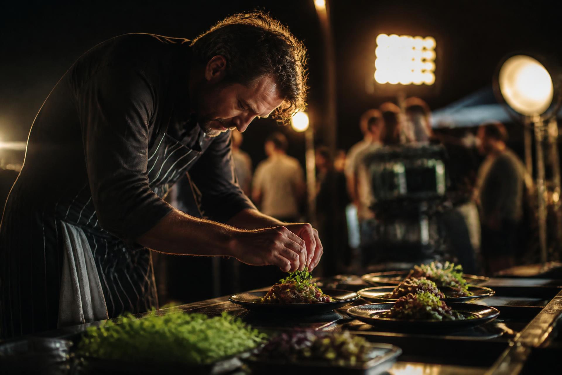Chef Jones plating on set